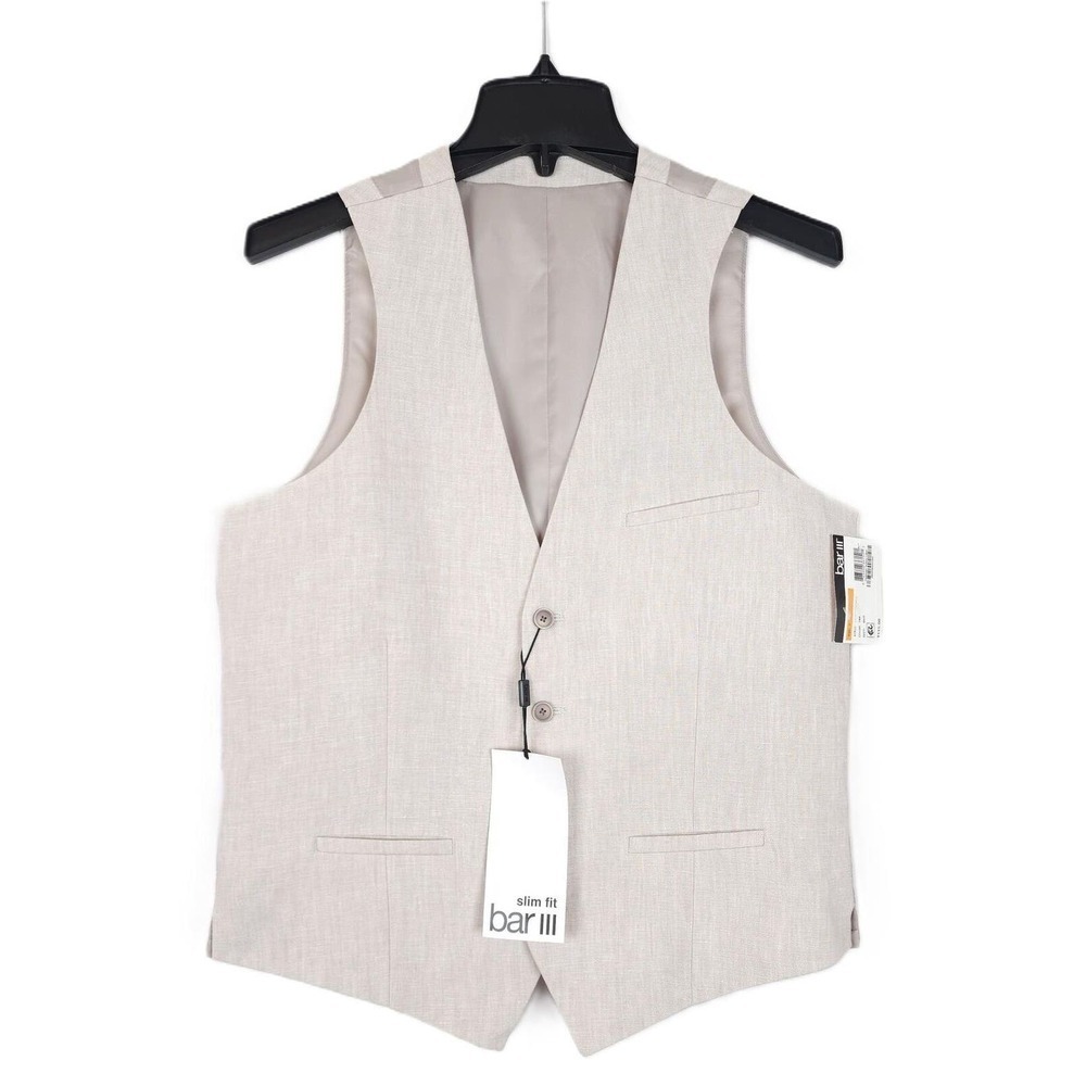 Bar III Mens Slim Fit Linen Suit Vest Sz Large Light Tan Solid NWT